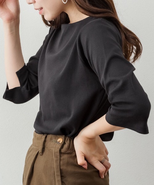 RCD(アールシーディー)の「ボートネック七分袖プルオーバー(Tシャツ/カットソー・レディース・ブラック/カーキ/オフホワイト/杢グレー/チャコールグレー・M/LL/3L/4L/L)」の9枚目の写真