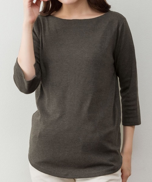 RCD(アールシーディー)の「ボートネック七分袖プルオーバー(Tシャツ/カットソー・レディース・ブラック/カーキ/オフホワイト/杢グレー/チャコールグレー・M/LL/3L/4L/L)」の14枚目の写真