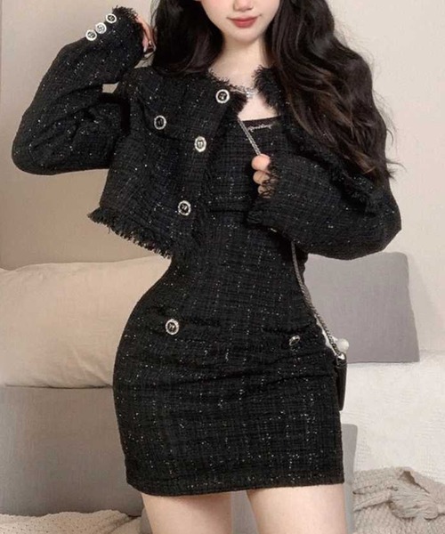 GLAMOROUS JANE（グラマラスジェーン）の「ラメツイードワンピース×ジャケット2点セット（セットアップ・レディース・ブラック・M/L）」の2枚目の写真