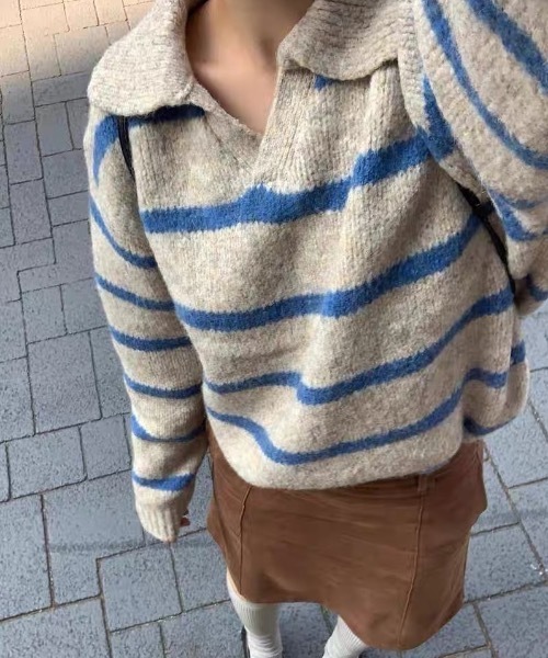 SHEPP(シープ)の「襟付きボーダーショートニットポロ(ニット/セーター・レディース・グリーン/ブルー/レッド・F)」の1枚目の写真