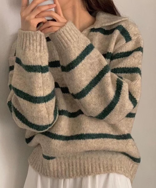 SHEPP(シープ)の「襟付きボーダーショートニットポロ(ニット/セーター・レディース・グリーン/ブルー/レッド・F)」の6枚目の写真