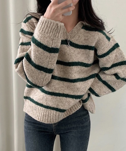 SHEPP(シープ)の「襟付きボーダーショートニットポロ(ニット/セーター・レディース・グリーン/ブルー/レッド・F)」の17枚目の写真