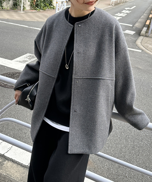 JOURNAL STANDARD(ジャーナルスタンダード)の「《追加3》スーパー140ビーバーノーカラーショートコート(ノーカラーコート・レディース・ブラック/グレー/ベージュ系その他/ブラックミックス・36/38)」の3枚目の写真