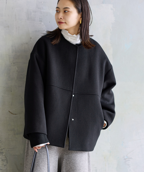 JOURNAL STANDARD(ジャーナルスタンダード)の「《追加3》スーパー140ビーバーノーカラーショートコート(ノーカラーコート・レディース・ブラック/グレー/ベージュ系その他/ブラックミックス・36/38)」の6枚目の写真