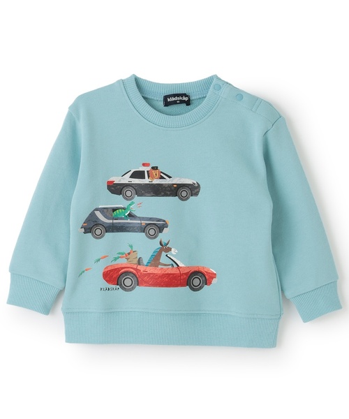 kladskap(クレードスコープ)の「動物と恐竜と車トレーナー(スウェット・キッズ・マスタード/サックスブルー・90cm/100cm/110cm/120cm/130cm)」の1枚目の写真