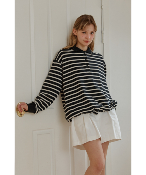 ANOETIC(アノエティック)の「ANC STRIPE STRING RUGBY SWEATSHIRTS_BLACK(スウェット・レディース・ブラック・FREE)」の1枚目の写真
