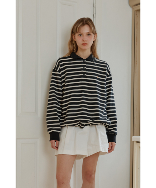 ANOETIC(アノエティック)の「ANC STRIPE STRING RUGBY SWEATSHIRTS_BLACK(スウェット・レディース・ブラック・FREE)」の2枚目の写真