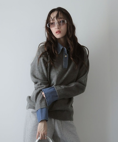 Girly Doll(ガーリードール)の「デニムドッキングニットプルオーバー(ニット/セーター・レディース・グレー/ボルドー/ネイビー・F)」の14枚目の写真