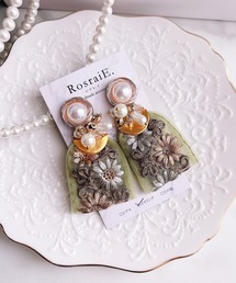 【RosraiE】レトロパール グリーンインド刺繍リボン イヤリング(MA)