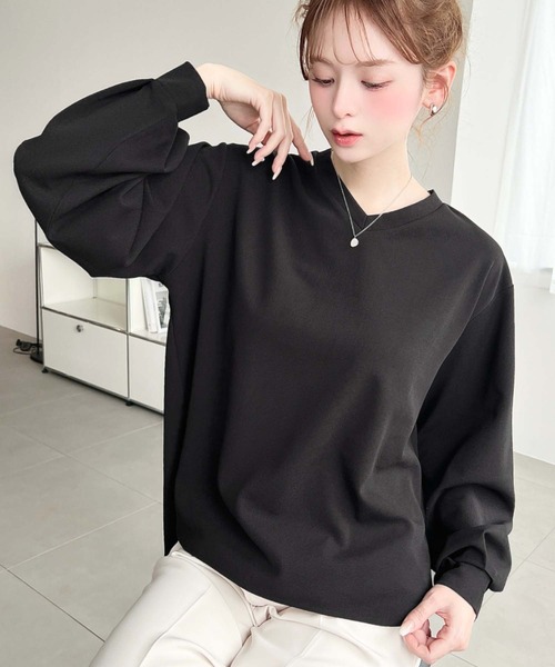 moment+(モーメントプラス)の「しわになりにくい長袖ストレッチジョーゼットVネックTブラウス(Tシャツ/カットソー・レディース・ブラック/ネイビー/オフホワイト・M/L)」の2枚目の写真