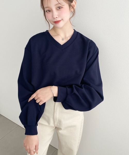 moment+(モーメントプラス)の「しわになりにくい長袖ストレッチジョーゼットVネックTブラウス(Tシャツ/カットソー・レディース・ブラック/ネイビー/オフホワイト・M/L)」の4枚目の写真