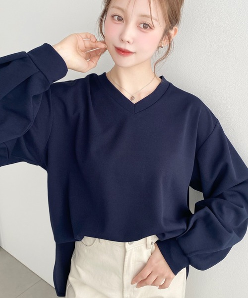 moment+(モーメントプラス)の「しわになりにくい長袖ストレッチジョーゼットVネックTブラウス(Tシャツ/カットソー・レディース・ブラック/ネイビー/オフホワイト・M/L)」の7枚目の写真