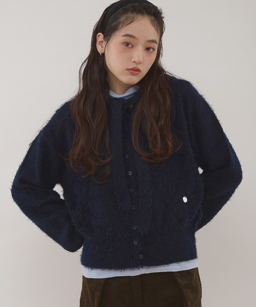 MUHET(ミュエータ)の「shaggy hooded ribbon knit cardigan / リボン付きフードカーディガン(カーディガン/ボレロ・レディース・ネイビー/ブラウン/カーキ/チャコールグレー・FREE)」の4枚目の写真