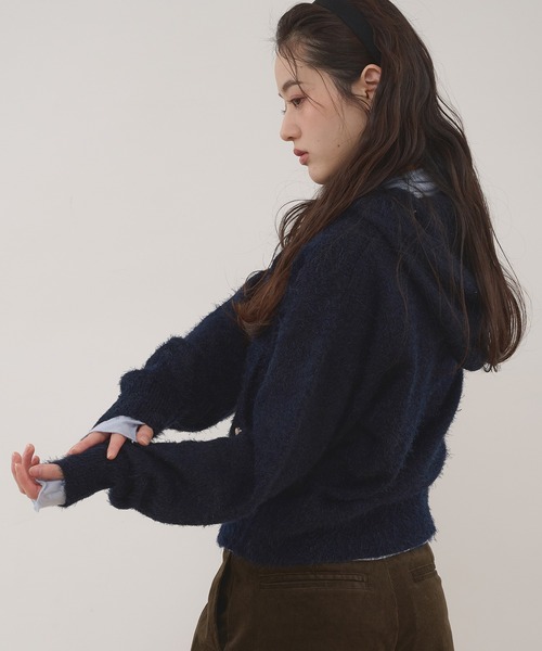 MUHET(ミュエータ)の「shaggy hooded ribbon knit cardigan / リボン付きフードカーディガン(カーディガン/ボレロ・レディース・ネイビー/ブラウン/カーキ/チャコールグレー・FREE)」の6枚目の写真