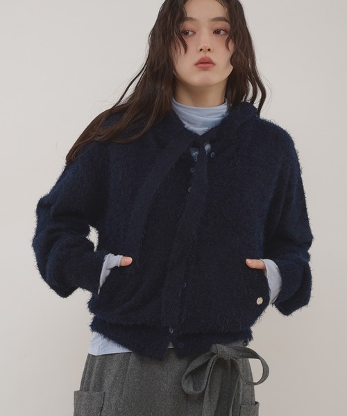 MUHET(ミュエータ)の「shaggy hooded ribbon knit cardigan / リボン付きフードカーディガン(カーディガン/ボレロ・レディース・ネイビー/ブラウン/カーキ/チャコールグレー・FREE)」の10枚目の写真