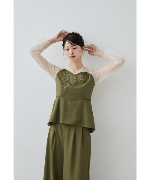 刺繍ペプラムブラウスセットアップドレス 2点セット パンツドレス
