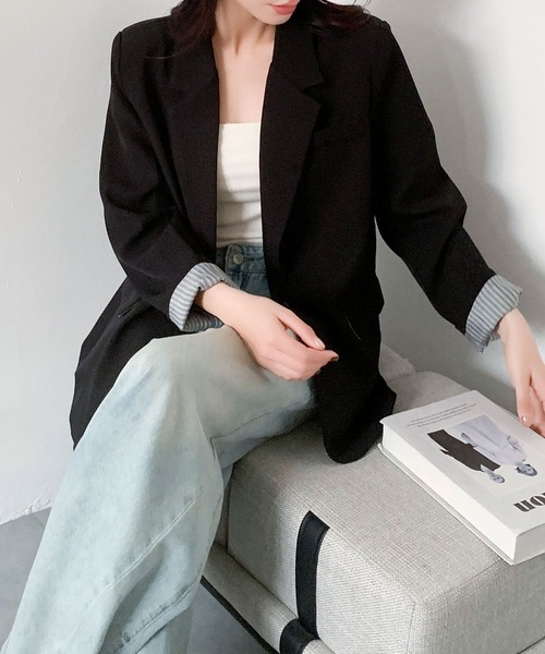 LOWO(ロワ)の「テーラードジャケット オフィス フォーマル カジュアル 袖折り返し配色(テーラードジャケット・レディース・ブラック/グレー/ネイビー/ブラウン・L/M)」の8枚目の写真