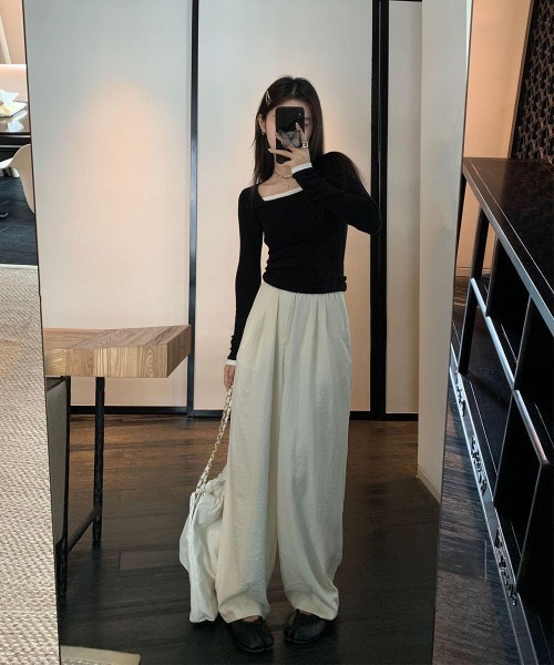 Miniministore(ミニミニストア)の「ワイドパンツ ハイウエスト レディース(スラックス・レディース・ブラック/アイボリー/ブルーグレー/クリーム/ピンク・L/XL/M)」の16枚目の写真