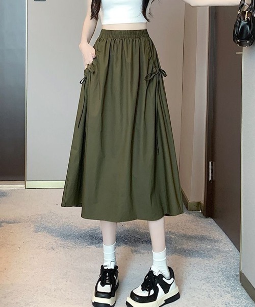 mielu（ミエル）の「ポケットギャザーリボンフレアスカート（スカート・レディース・ホワイト/ブラック/カーキ・LARGE/MEDIUM）」の3枚目の写真