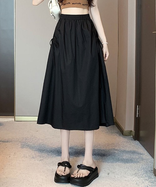 mielu（ミエル）の「ポケットギャザーリボンフレアスカート（スカート・レディース・ホワイト/ブラック/カーキ・LARGE/MEDIUM）」の4枚目の写真