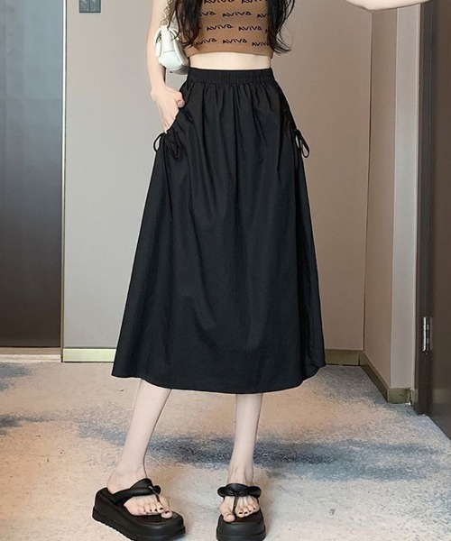 mielu（ミエル）の「ポケットギャザーリボンフレアスカート（スカート・レディース・ホワイト/ブラック/カーキ・LARGE/MEDIUM）」の5枚目の写真