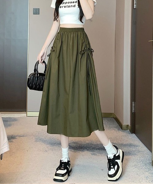 mielu（ミエル）の「ポケットギャザーリボンフレアスカート（スカート・レディース・ホワイト/ブラック/カーキ・LARGE/MEDIUM）」の7枚目の写真