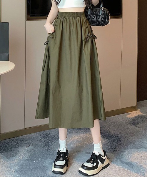mielu（ミエル）の「ポケットギャザーリボンフレアスカート（スカート・レディース・ホワイト/ブラック/カーキ・LARGE/MEDIUM）」の8枚目の写真