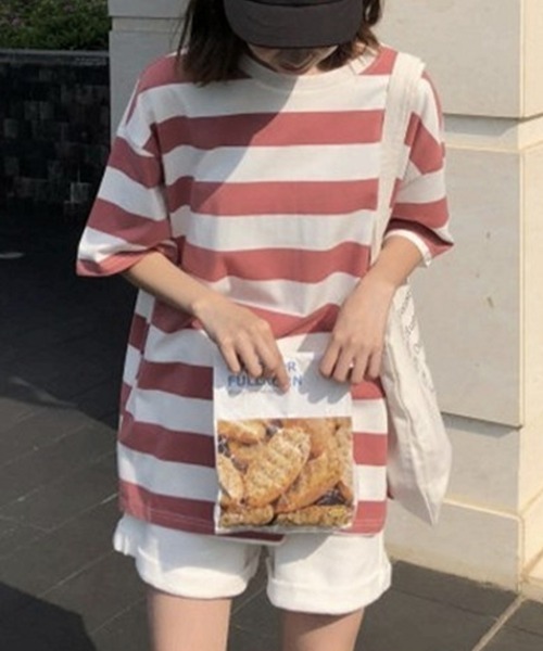 SallyLunn(サリーラン)の「ベーシックボーダー ビッグTシャツ(Tシャツ/カットソー・レディース・グリーン/ピンク・LARGE/MEDIUM)」の5枚目の写真