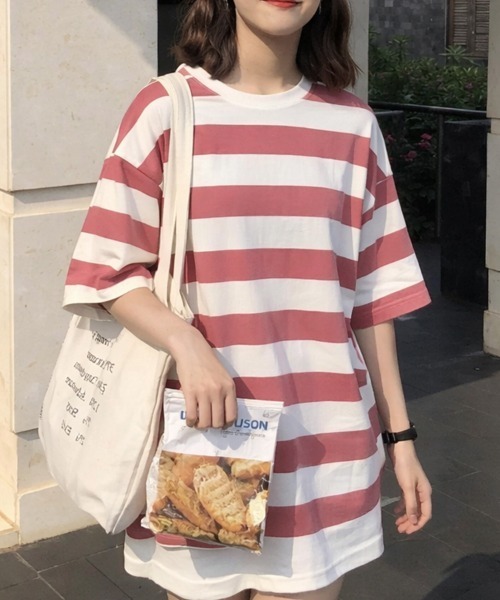 SallyLunn(サリーラン)の「ベーシックボーダー ビッグTシャツ(Tシャツ/カットソー・レディース・グリーン/ピンク・LARGE/MEDIUM)」の6枚目の写真