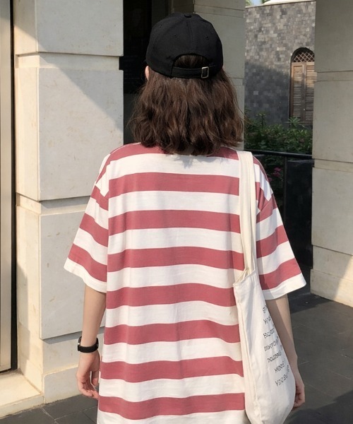 SallyLunn(サリーラン)の「ベーシックボーダー ビッグTシャツ(Tシャツ/カットソー・レディース・グリーン/ピンク・LARGE/MEDIUM)」の7枚目の写真