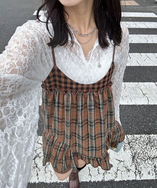 CIAOPANIC（チャオパニック）の「レトロチェックギャザーチュニックキャミワンピース（チュニック・レディース・ピンク/ブラウン/ブルー・ONE SIZE）」の2枚目の写真