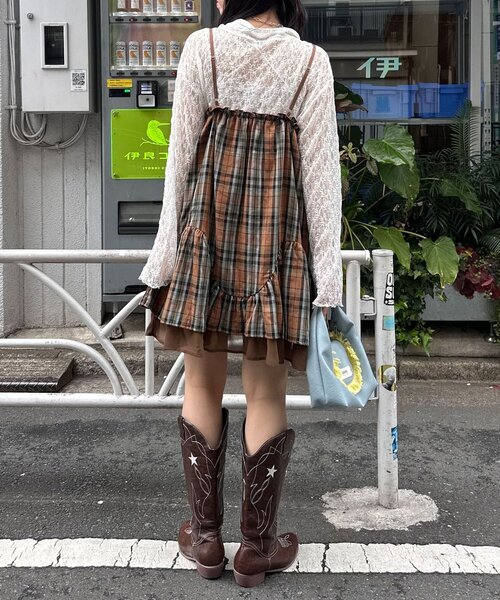 CIAOPANIC（チャオパニック）の「レトロチェックギャザーチュニックキャミワンピース（チュニック・レディース・ピンク/ブラウン/ブルー・ONE SIZE）」の11枚目の写真