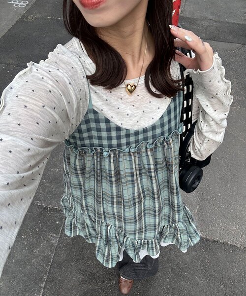 CIAOPANIC（チャオパニック）の「レトロチェックギャザーチュニックキャミワンピース（チュニック・レディース・ピンク/ブラウン/ブルー・ONE SIZE）」の12枚目の写真