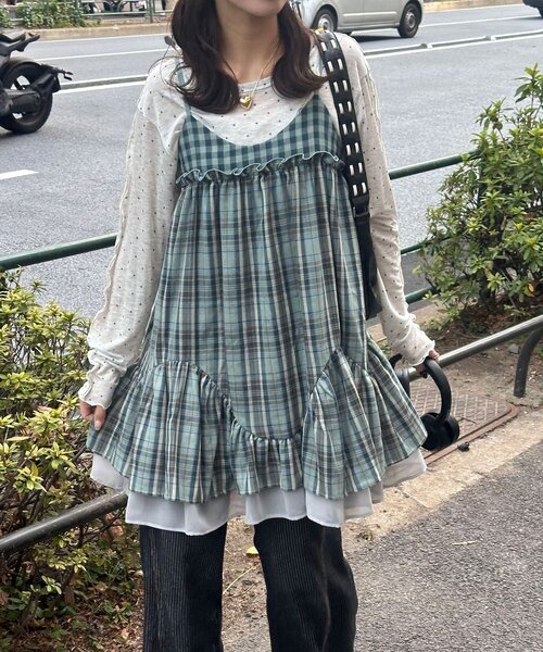 CIAOPANIC（チャオパニック）の「レトロチェックギャザーチュニックキャミワンピース（チュニック・レディース・ピンク/ブラウン/ブルー・ONE SIZE）」の14枚目の写真