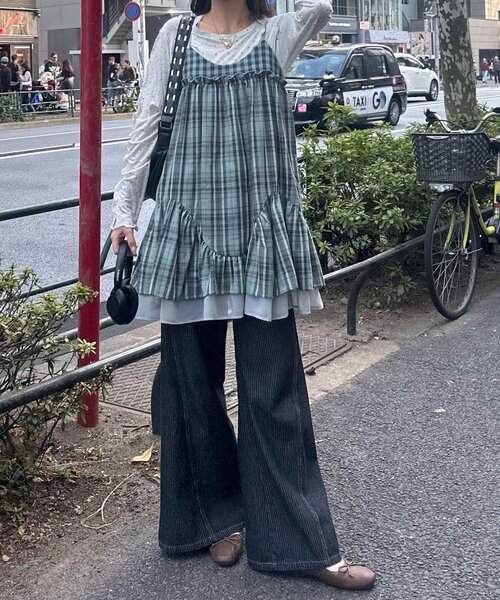 CIAOPANIC（チャオパニック）の「レトロチェックギャザーチュニックキャミワンピース（チュニック・レディース・ピンク/ブラウン/ブルー・ONE SIZE）」の17枚目の写真