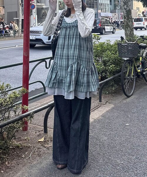 CIAOPANIC（チャオパニック）の「レトロチェックギャザーチュニックキャミワンピース（チュニック・レディース・ピンク/ブラウン/ブルー・ONE SIZE）」の18枚目の写真