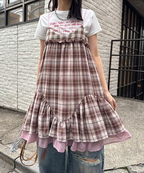 CIAOPANIC（チャオパニック）の「レトロチェックギャザーチュニックキャミワンピース（チュニック・レディース・ピンク/ブラウン/ブルー・ONE SIZE）」の21枚目の写真