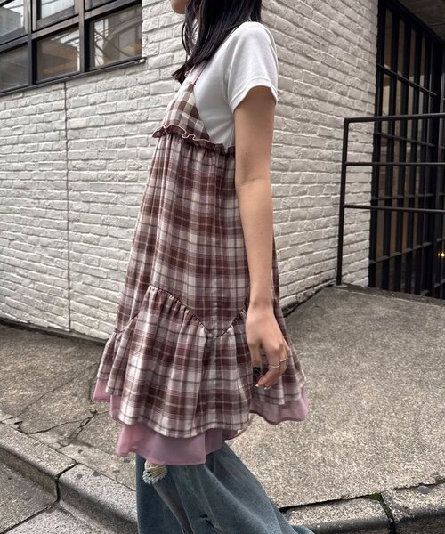 CIAOPANIC（チャオパニック）の「レトロチェックギャザーチュニックキャミワンピース（チュニック・レディース・ピンク/ブラウン/ブルー・ONE SIZE）」の22枚目の写真