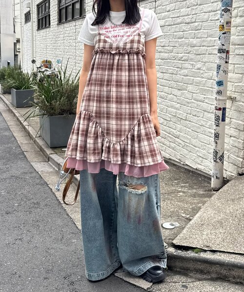 レトロチェックギャザーチュニックキャミワンピース（チュニック