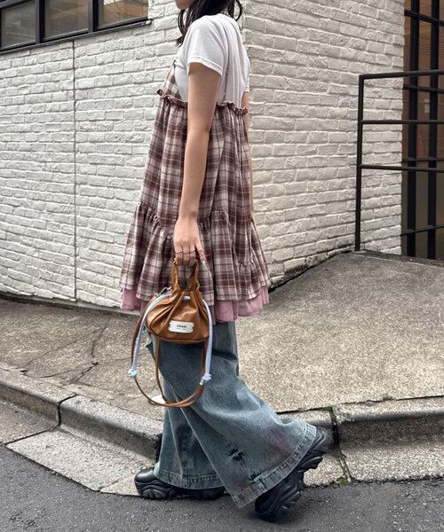 レトロチェックギャザーチュニックキャミワンピース（チュニック