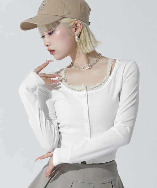 ANAP(アナップ)の「キャミレイヤード クロップド トップス(Tシャツ/カットソー・レディース・ブラック/ホワイト/グレー・F)」の1枚目の写真
