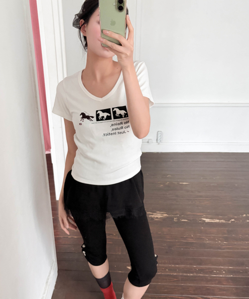 CHICKS(チックス)の「ニョンイXチックス インスティンクト ドット ホース Vネック スリム 半袖Tシャツ ホワイト(Tシャツ/カットソー・レディース・ホワイト・ONE SIZE)」の3枚目の写真
