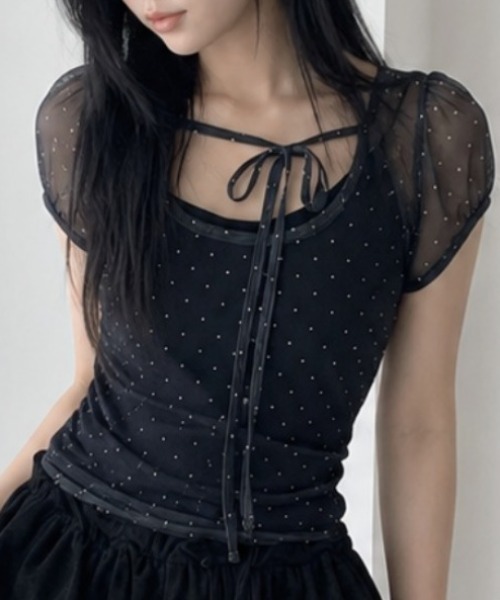 Achic(アシック)の「ドットチュールリボンシアートップス(Tシャツ/カットソー・レディース・ブルー/ブラック/アイボリー・M)」の1枚目の写真