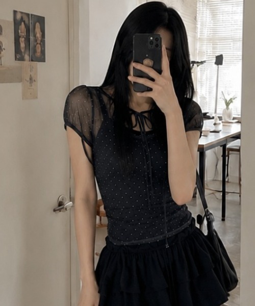 Achic(アシック)の「ドットチュールリボンシアートップス(Tシャツ/カットソー・レディース・ブルー/ブラック/アイボリー・M)」の7枚目の写真