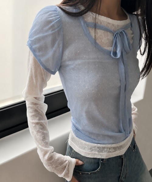 Achic(アシック)の「ドットチュールリボンシアートップス(Tシャツ/カットソー・レディース・ブルー/ブラック/アイボリー・M)」の14枚目の写真