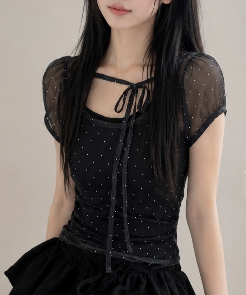Achic(アシック)の「ドットチュールリボンシアートップス(Tシャツ/カットソー・レディース・ブルー/ブラック/アイボリー・M)」の9枚目の写真