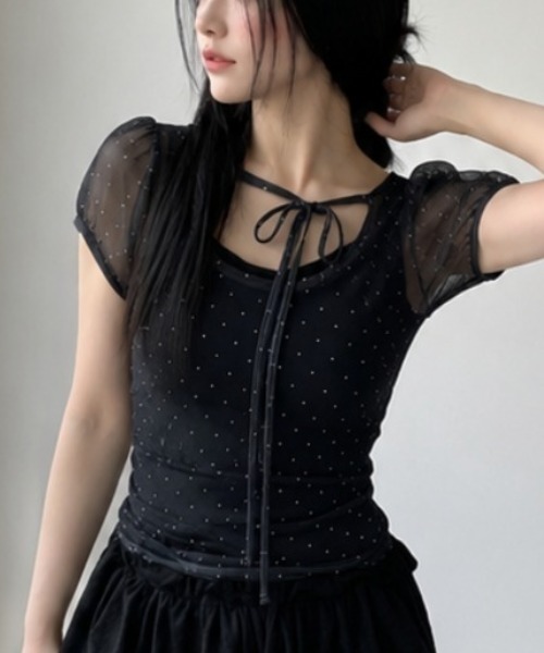 Achic(アシック)の「ドットチュールリボンシアートップス(Tシャツ/カットソー・レディース・ブルー/ブラック/アイボリー・M)」の10枚目の写真