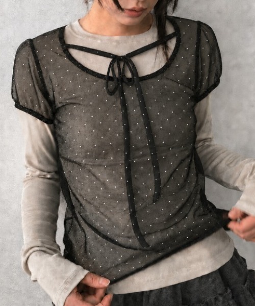 Achic(アシック)の「ドットチュールリボンシアートップス(Tシャツ/カットソー・レディース・ブルー/ブラック/アイボリー・M)」の5枚目の写真