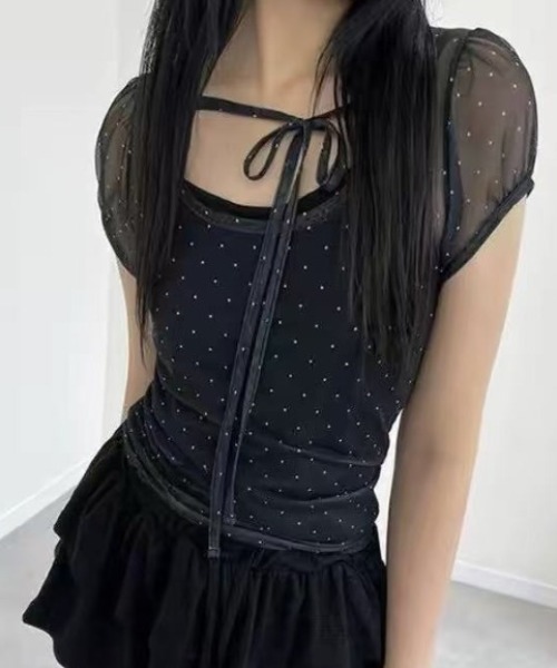 Achic(アシック)の「ドットチュールリボンシアートップス(Tシャツ/カットソー・レディース・ブルー/ブラック/アイボリー・M)」の6枚目の写真