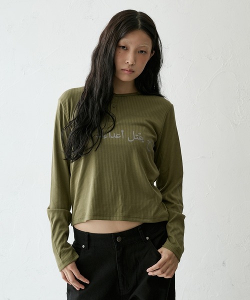 FTW(エフティダブリュー)の「RIB HENRY PRINT TOPS(Tシャツ/カットソー・レディース・ミント/カーキ/ブラック・MEDIUM/SMALL)」の2枚目の写真
